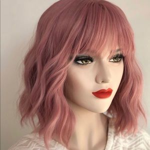 Rosy Pink Wavy Bob Wig 12”